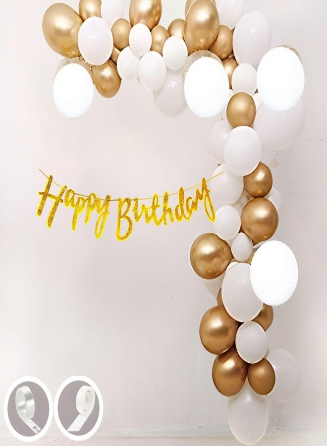 Flyloons Birthday Decoration Items Gold and White Theme Combination for Boys Girls Men Women Kids| 30 Pcs Gold White Color Balloons| Gold Happy Birthday Cursive Glitter Banner| Arch Tape| Glue Dots - Image 1
